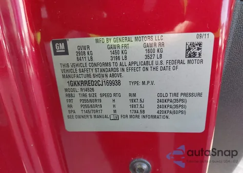 2012 GMC Acadia Slt-1 from USA, damaged, VIN 1GKKRRED2CJ169938